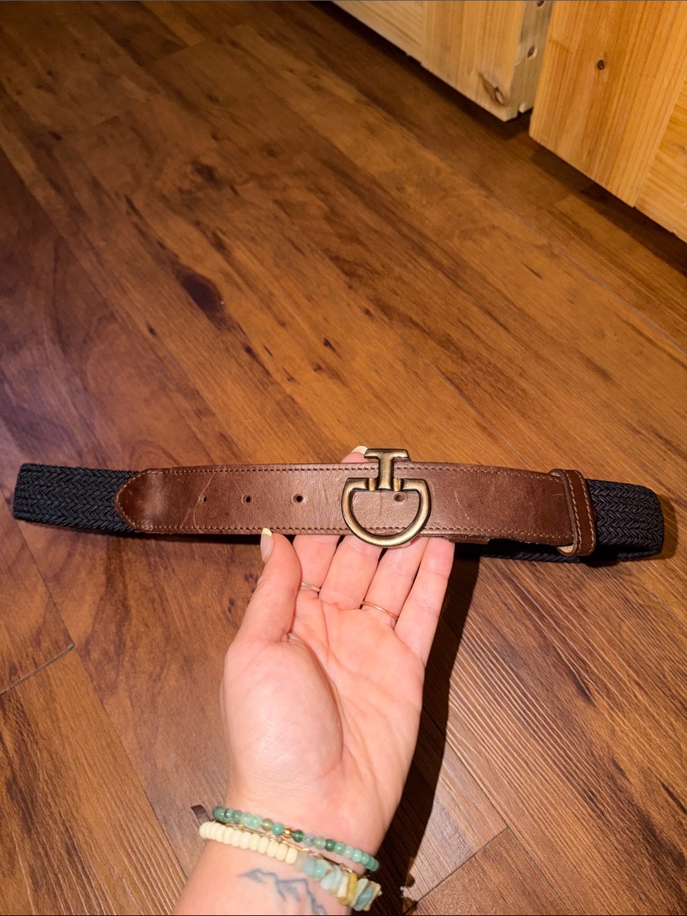 Cavalleria Toscana Women’s Brown Leather & Navy Woven Belt with Brass Buckle